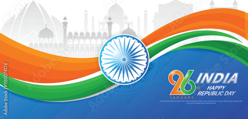 26 th January Indian Republic Day banner template design with Indian flag and silhouette of Indian monument.
