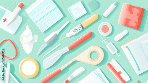 Collection of medical supplies including tape, antiseptic wipes, and clean tools for first aid and hygiene on mint green background. Sunwoven. Illustration