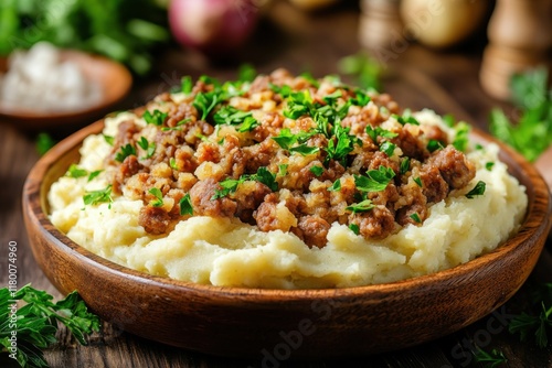 Heartwarming Scottish haggis served with creamy neeps and tatties on a rustic wooden plate