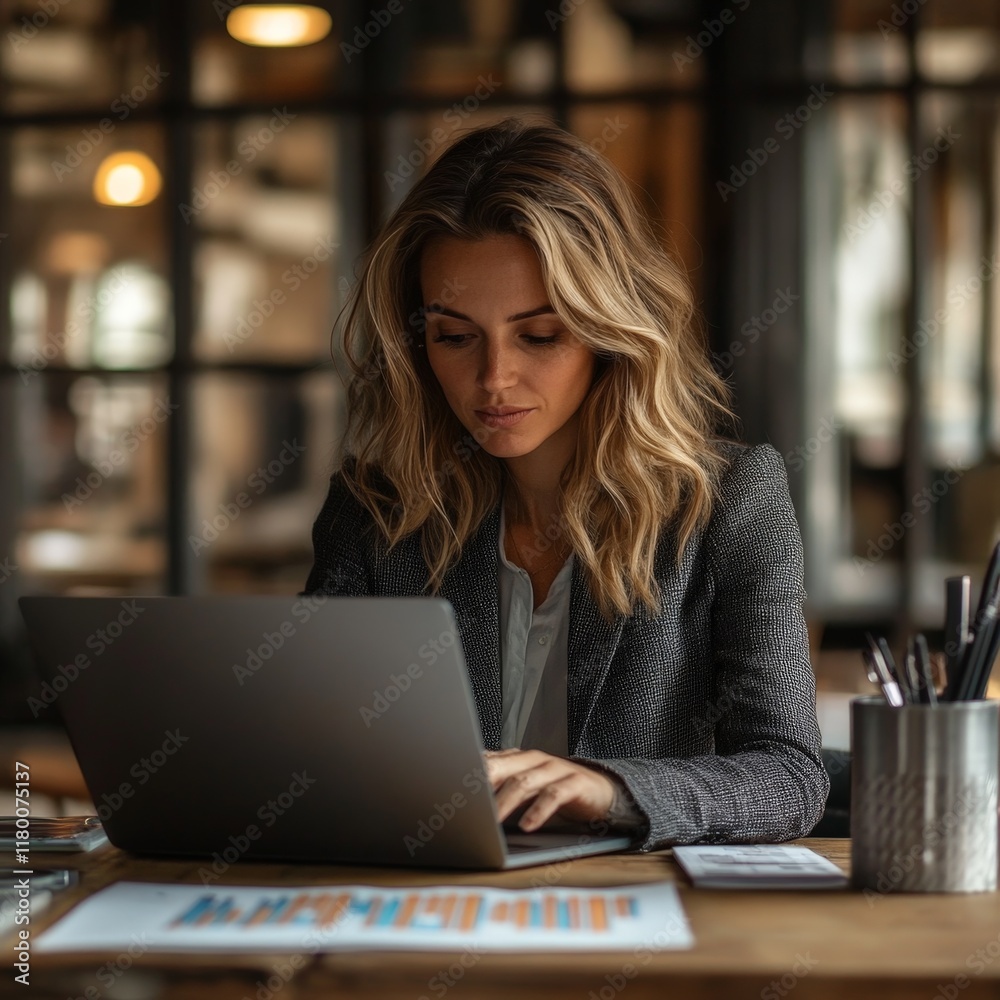 A businesswoman analyzing growth with charts and statistics on her laptop in a bright office. A businesswoman analyzing growth with charts and statistics on her laptop in a bright office.