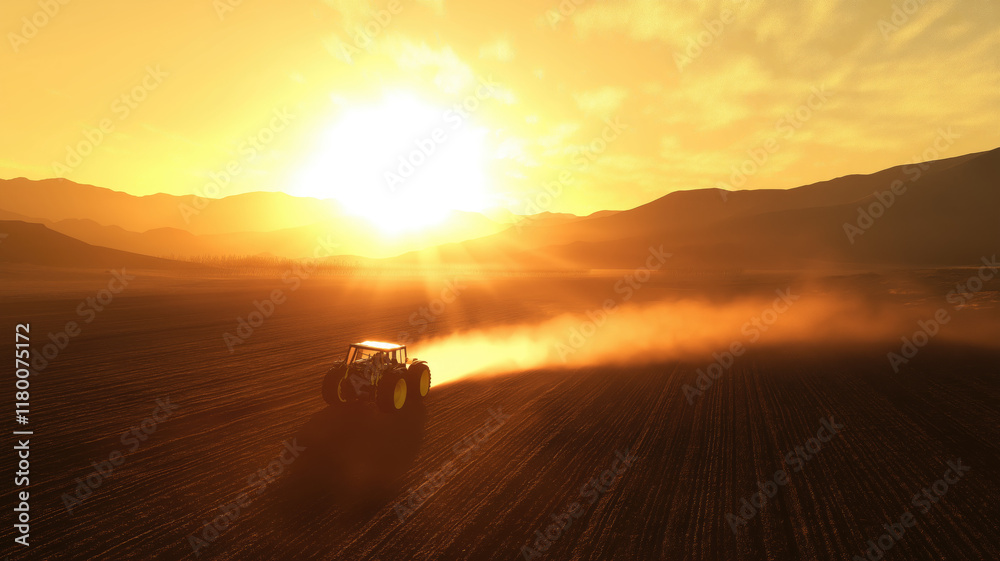 A tractor sprays an agricultural field with fertilizer on a sunset evening. Drone view. Illustration by Generative AI. A tractor sprays an agricultural field with fertilizer on a sunset evening. Drone view. Illustration by Generative AI.