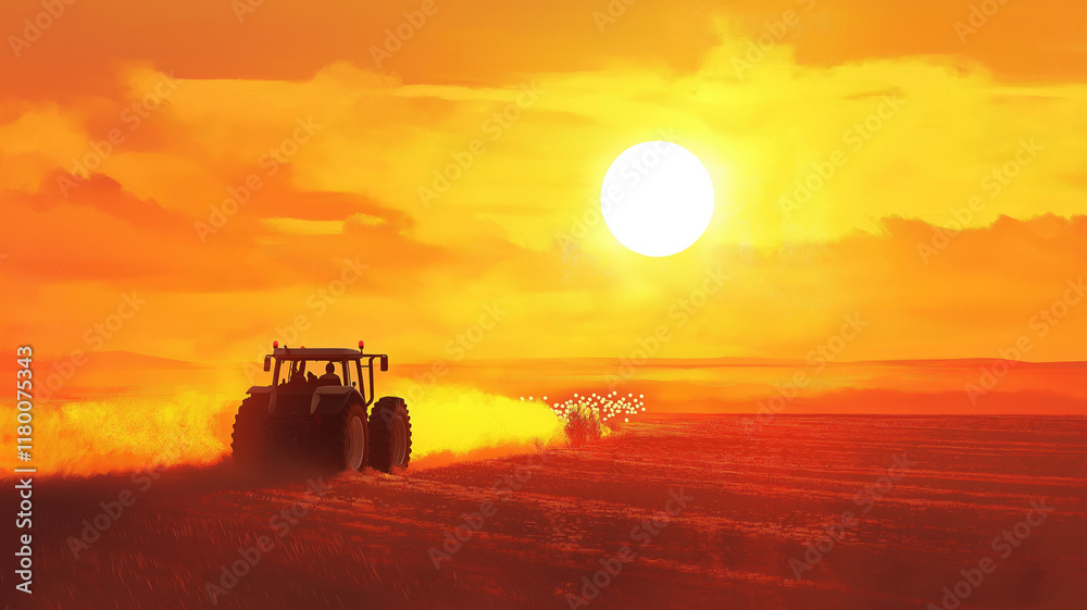 Fototapeta premium A tractor sprays an agricultural field with fertilizer on a sunset evening. Drone view. Illustration by Generative AI.