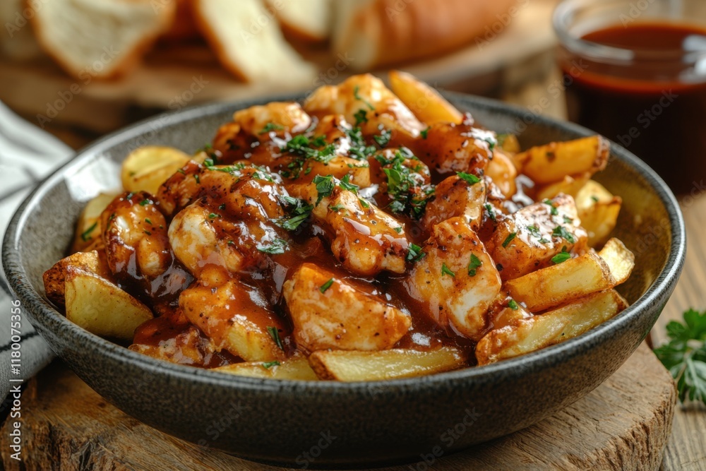 Delicious poutine with golden fries, cheese curds, and gravy on a rustic wooden table Delicious poutine with golden fries, cheese curds, and gravy on a rustic wooden table