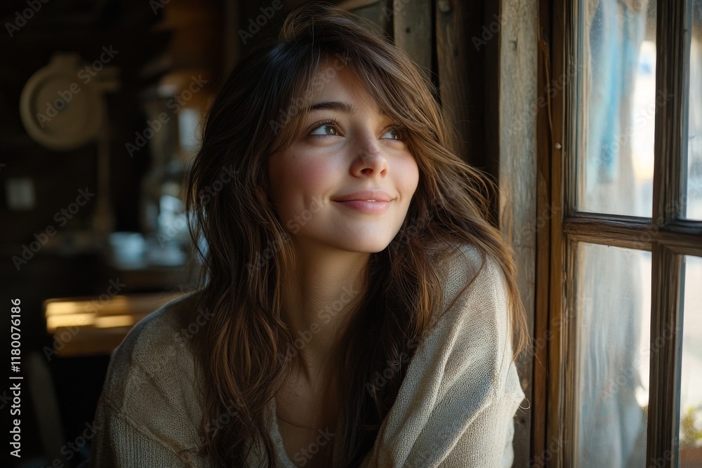 A young woman with long, wavy hair sits by a window, smiling softly while looking outside in a cozy, rustic setting A young woman with long, wavy hair sits by a window, smiling softly while looking outside in a cozy, rustic setting