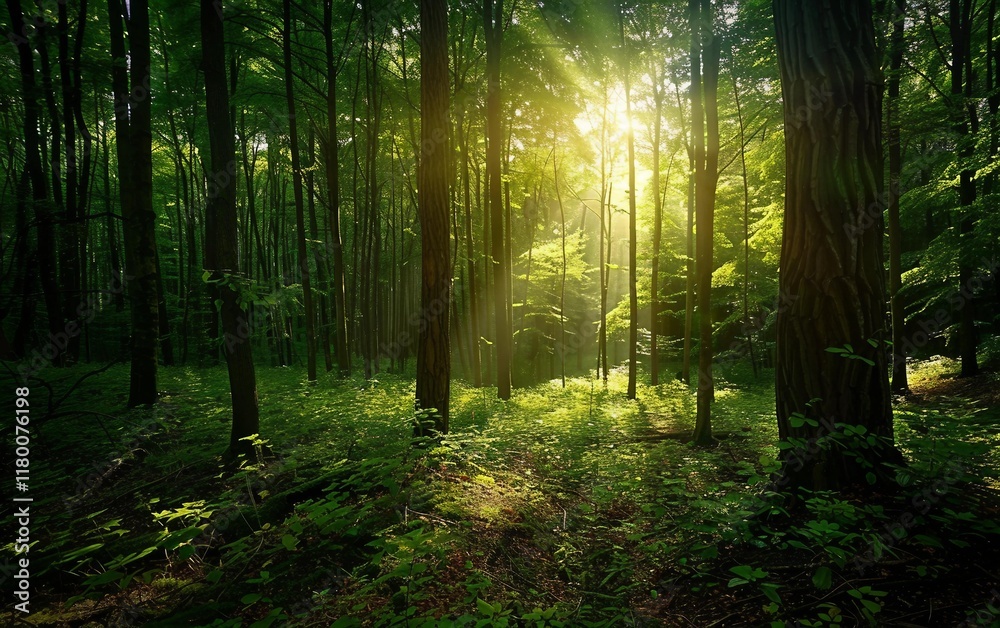 Obraz premium Mysterious dark forest with a thick canopy casting shadows and blocking light