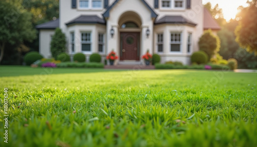 Photos Beautiful house with a well-maintained lawn in suburban setting