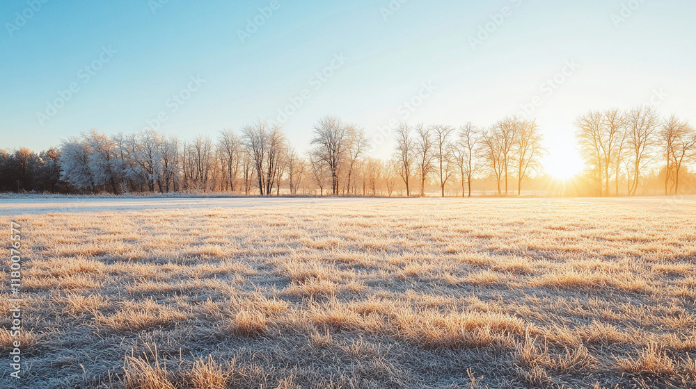 Frosty winter morning with sunlight over snowy field and trees Frosty winter morning with sunlight over snowy field and trees