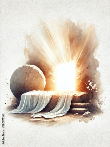 Easter Morning: The empty tomb with the stone rolled away, radiant light pouring out, and a glowing shroud folded neatly. Digital watercolor painting.