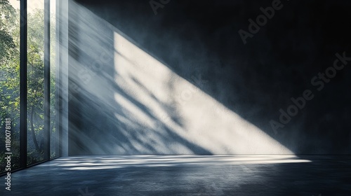 An empty room with celestial light streaming in, ideal for logos or product mockups. photo