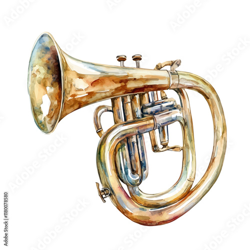 A watercolor painting of a brass bugle, isolated on a white background. Brass bugle vector.
