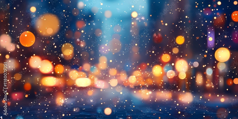 Naklejka premium Abstract blurred bokeh lights illuminating snow-covered urban streets, creating a peaceful and magical winter scene, style book illustration