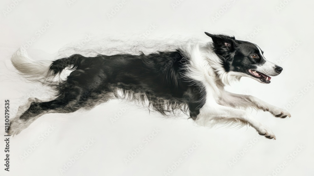 Fototapeta premium A Border Collie posed mid-stretch on a white background, its expressive eyes and sleek fur representing its high energy and intelligence