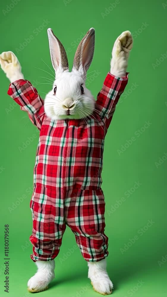 A playful rabbit in a bright plaid outfit joyfully dancing and raising its paws over green background
