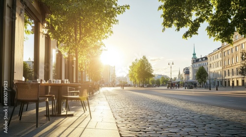 Charming outdoor café scene in a sunlit city street showcasing inviting tables, green trees, peaceful ambiance, and beautiful architecture at sunrise in a vibrant urban environment