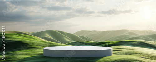 Minimalist Podium with Rolling Hills and Open Sky. A Stylish and Serene Outdoor Scene of Simplicity and Elegance.