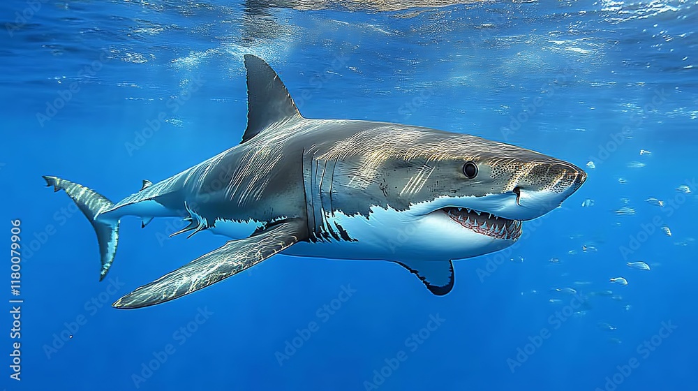 Fototapeta premium Great White Shark Swimming Underwater Ocean Habitat
