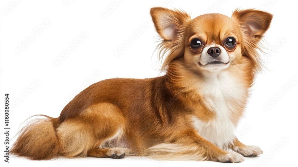 A Chihuahua sitting confidently on a white backdrop, its small stature and alert expression capturing its feisty charm A Chihuahua sitting confidently on a white backdrop, its small stature and alert expression capturing its feisty charm