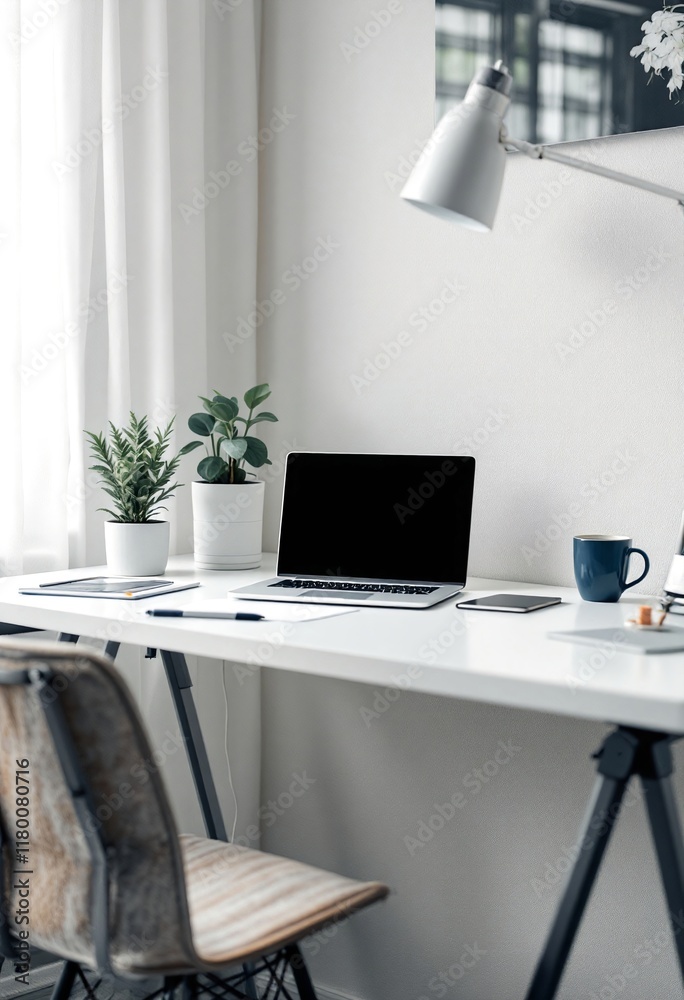 Fototapeta premium Minimalist home office setup with laptop, plants, and desk lamp. Clean white workspace for remote work, freelancing, or studying. Modern interior design with copy space