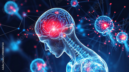 3D digital illustration of human brain highlighting rheumatoid arthritis related pain and headaches

