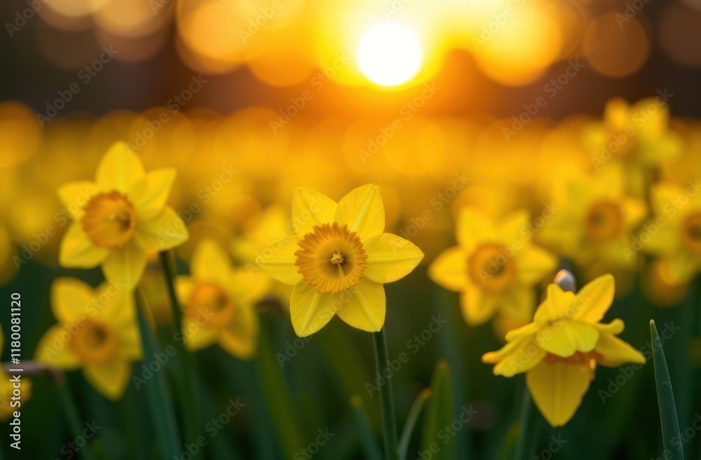 Obraz premium vibrant yellow daffodils blooming in field during sunset. celebration of st. david's day with bright spring flowers. seasonal greeting card, nature poster, floral design.