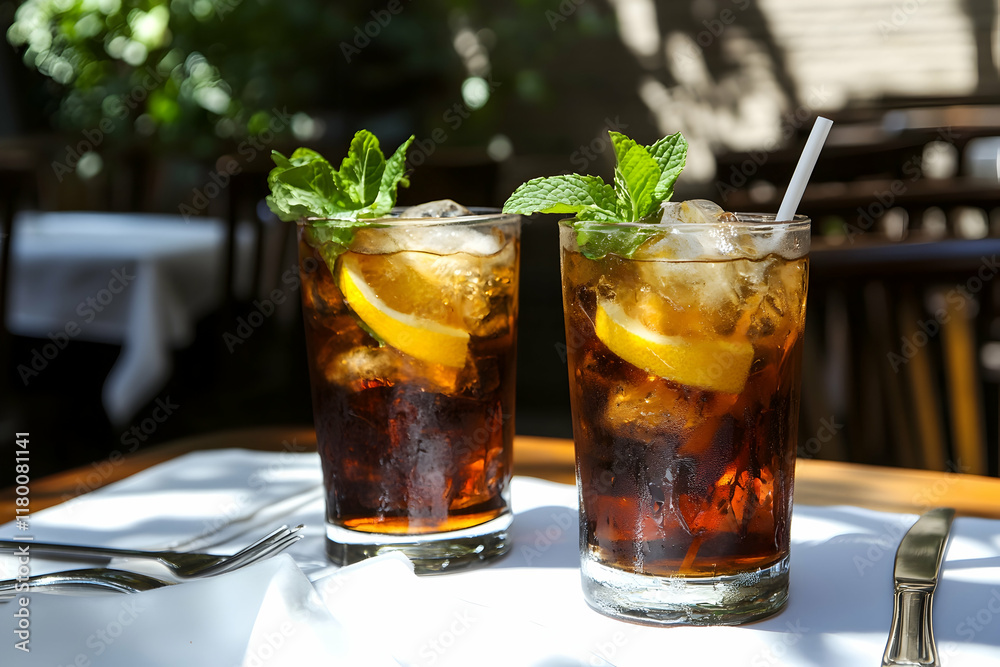 Two iced tea drinks garnished with lemon and mint on a sunny table setting Two iced tea drinks garnished with lemon and mint on a sunny table setting