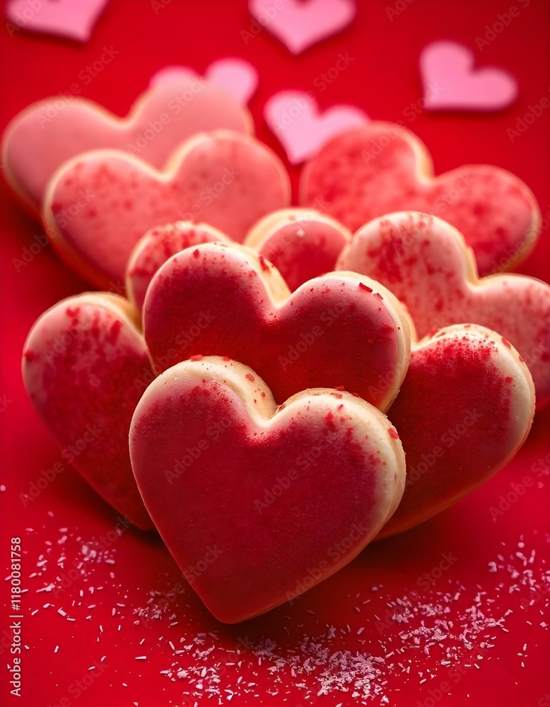 Obraz premium red background with a bunch of heart shaped cookies, red hearts, on a red background, cookies, pink hearts in the background, beautiful high resolution, pink and red colors, close.