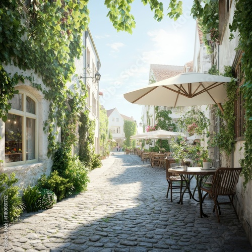 Charming cobblestone street lined with lush greenery, outdoor cafes, and umbrellas, creating a serene and inviting atmosphere for leisurely strolls in Europe.