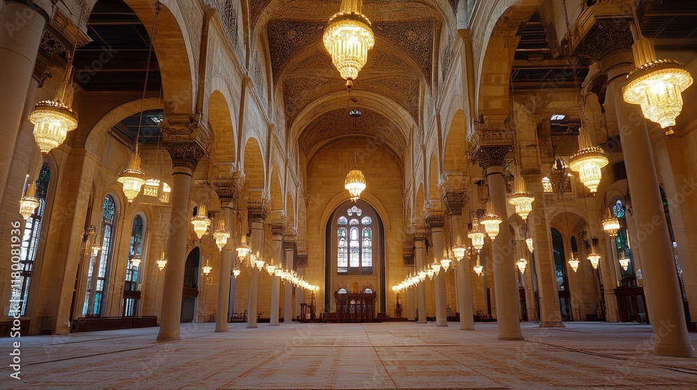 Fototapeta premium Awe-Inspiring Mosque Interior with Stunning Chandeliers