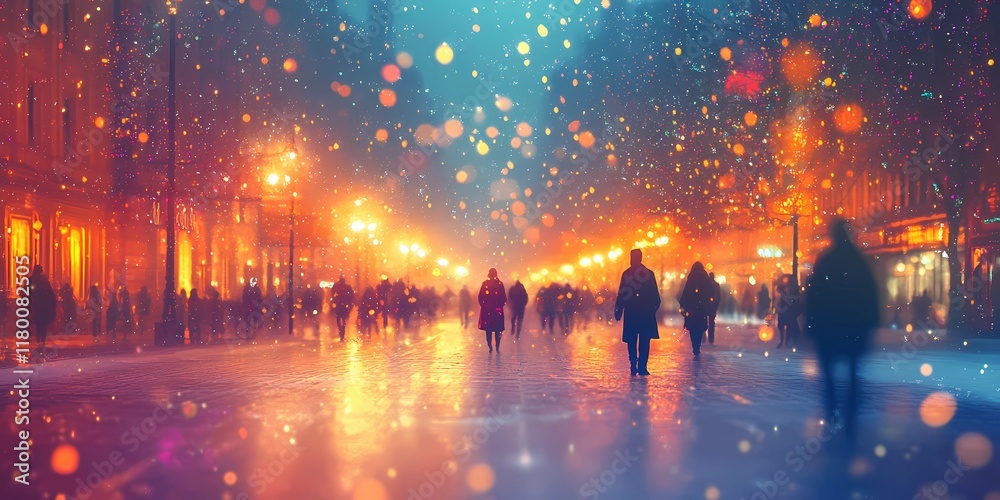 Abstract blurred winter cityscape with softly glowing festive lights on snow-covered streets, creating a peaceful holiday atmosphere, style book illustration Abstract blurred winter cityscape with softly glowing festive lights on snow-covered streets, creating a peaceful holiday atmosphere, style book illustration