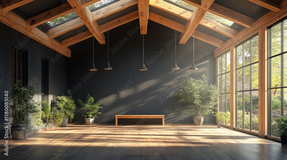 An empty room with celestial light streaming in, ideal for logos or product mockups. An empty room with celestial light streaming in, ideal for logos or product mockups.