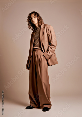 Fashionable Young Man in Oversized Brown Suit Posing Confidently in Studio Setting. Scene in mocha mousse color of the year 2025. photo