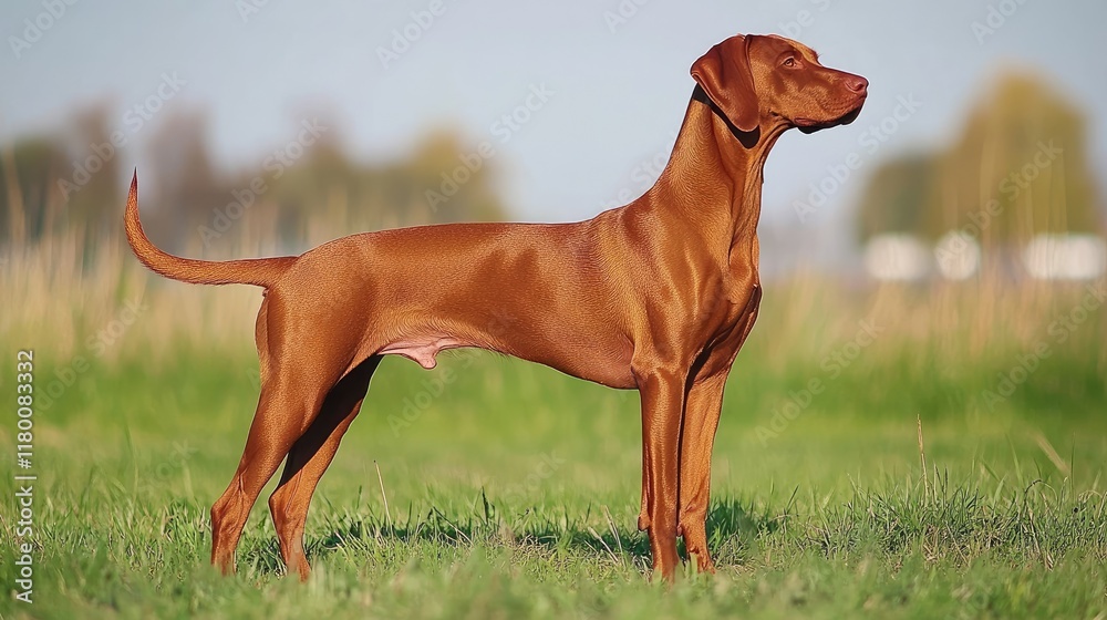 A Vizsla standing on a white background, its reddish coat and muscular frame representing its active and affectionate character A Vizsla standing on a white background, its reddish coat and muscular frame representing its active and affectionate character