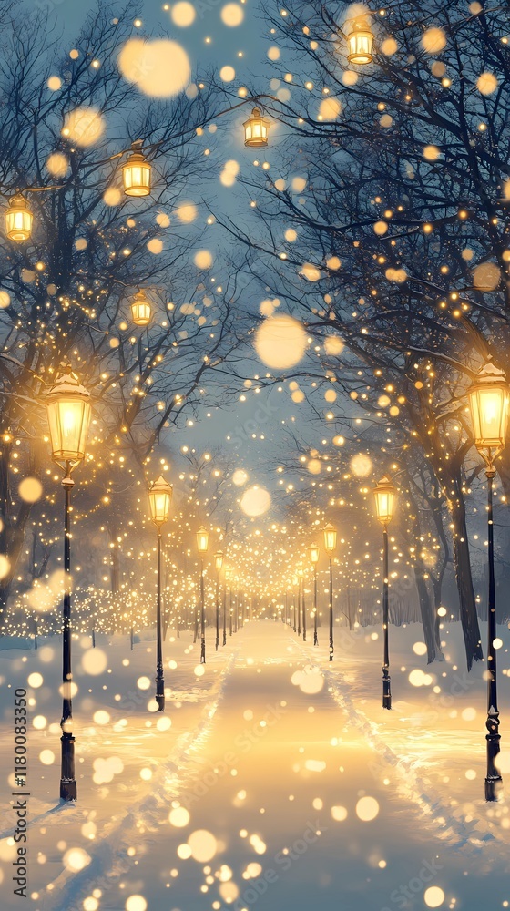 Obraz premium Abstract blurred winter cityscape with softly glowing festive lights on snow-covered streets, creating a peaceful holiday atmosphere, style book illustration