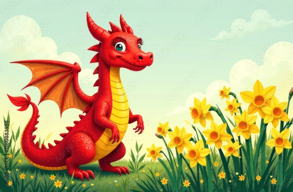 Obraz premium playful cute red dragon with yellow belly stands among bright daffodils under clear sky. fantasy creature in spring landscape. children's book illustration. design for greeting card.