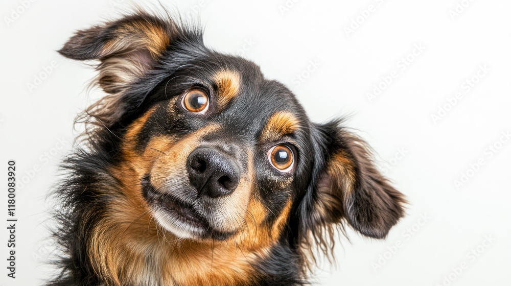 An Australian Shepherd tilts its head playfully, standing on a white backdrop, embodying its inquisitive and intelligent character An Australian Shepherd tilts its head playfully, standing on a white backdrop, embodying its inquisitive and intelligent character