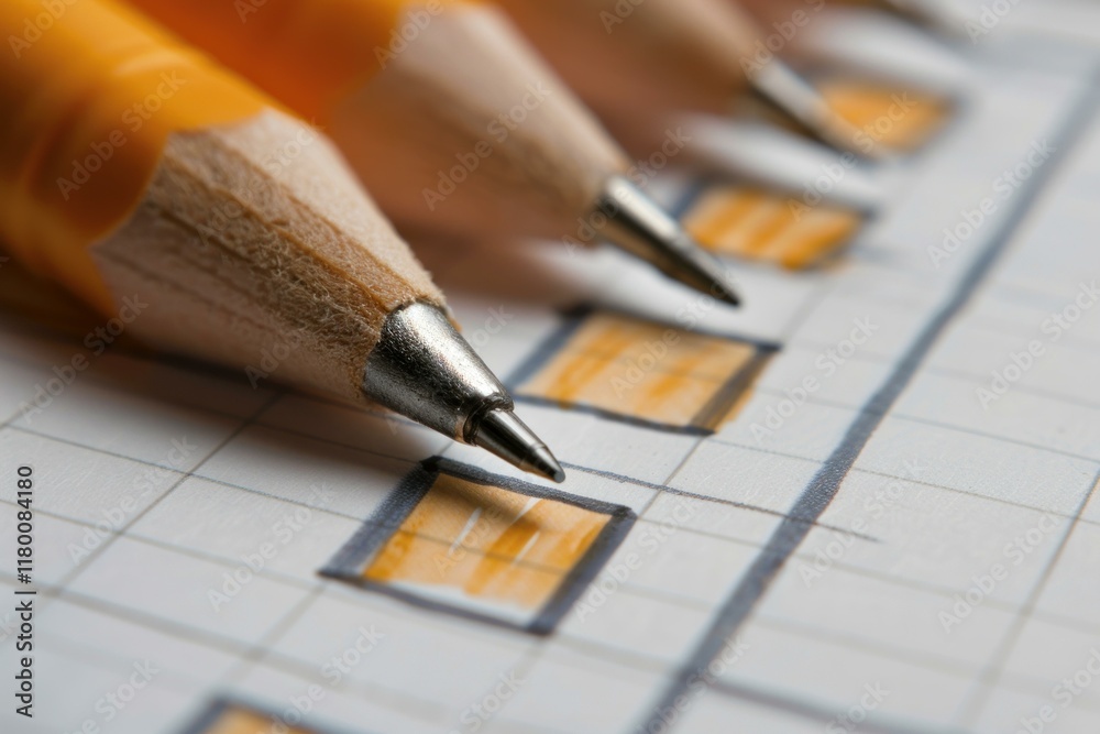 Fototapeta premium Pencils are pointing at a checked notebook with a hand drawn chart, suggesting planning and strategy development