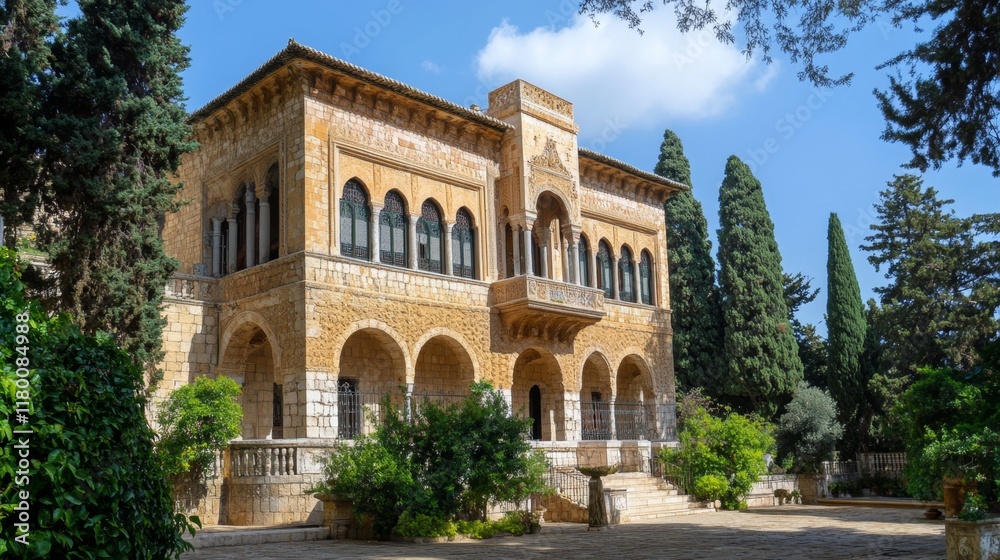 Fototapeta premium Majestic Stone Palace in a Lush Garden