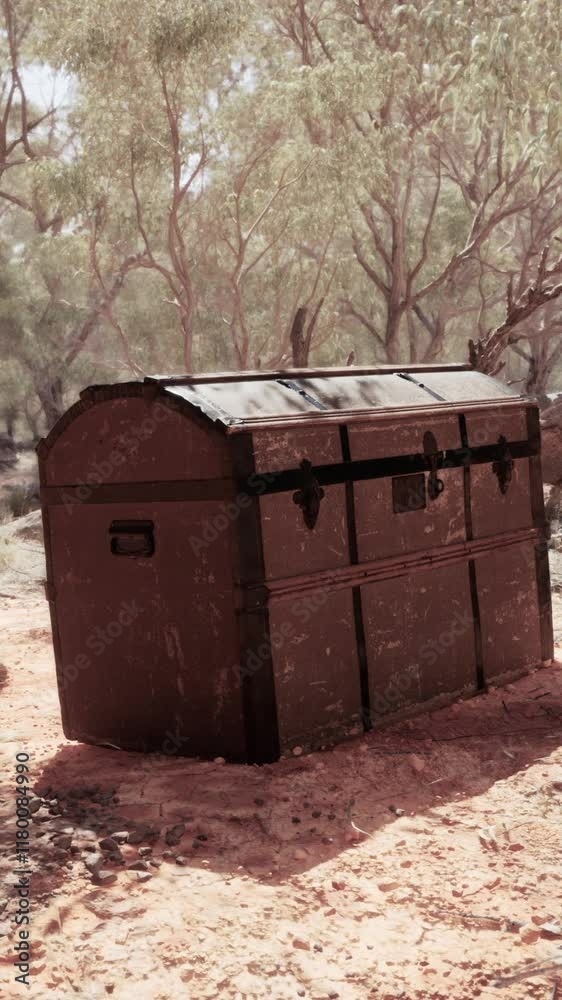 Closed wooden treasure chest on sandy beach Closed wooden treasure chest on sandy beach