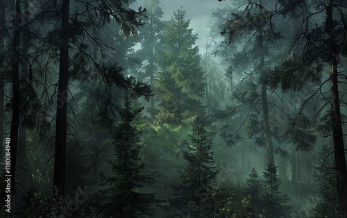 A dense dark forest with towering pine trees and a mysterious, shadowy atmosphere photo