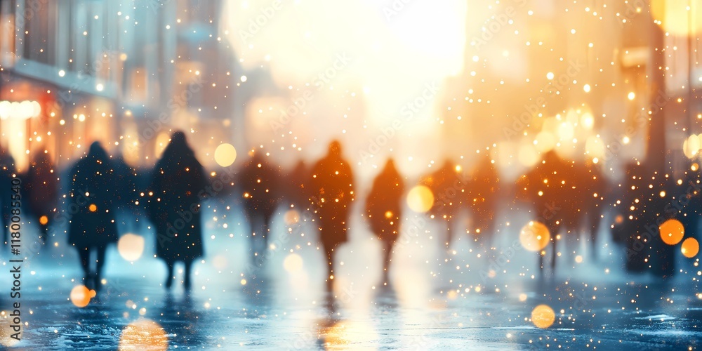 Fototapeta premium Soft blurred warm lights scattered across snowy streets in a cozy winter cityscape, evoking tranquil and festive vibes, style book illustration