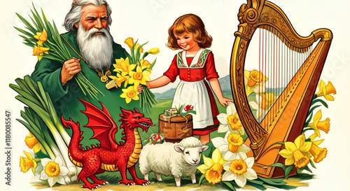 Characters and objects representative of St. David's Day and Welsh culture photo