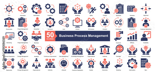 Business Process Management Icon Collection Set.Containing Bpm, Automation, Optimization, Integration, Form, Modeling, Agility, Change, Standards icon. Simple dual tone style Vector