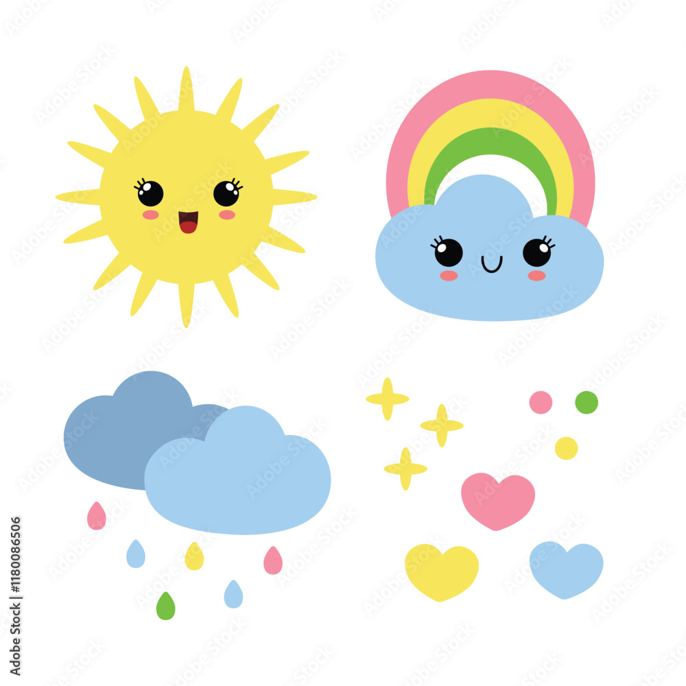 Cute sun and cloud in kawaii style. Flat vector illustration Cute sun and cloud in kawaii style. Flat vector illustration