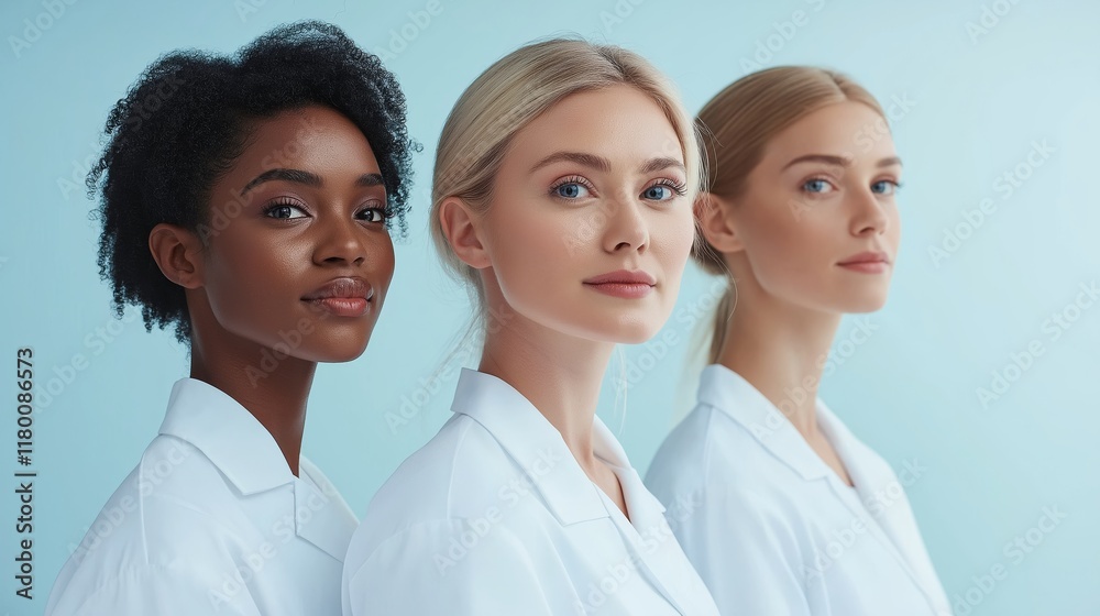 A diverse group of women in white lab coats, showcasing various roles, standing in soft natural lighting against a light blue background A diverse group of women in white lab coats, showcasing various roles, standing in soft natural lighting against a light blue background