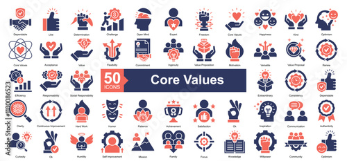 Core Values Icon Collection Set.Containing dependable, like, determination, challenge, open mind, expert, freedom, core values, happiness icon. Simple dual tone style Vector Illustration.	
