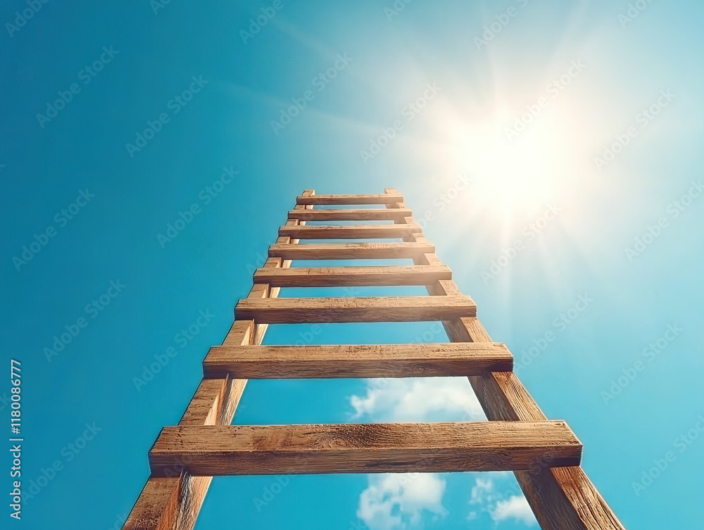 Wooden ladder reaching towards bright sun in blue sky filled with clouds during sunny day Wooden ladder reaching towards bright sun in blue sky filled with clouds during sunny day