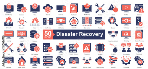 Disaster Recovery Icon Collection Set.Containing data security, database, virus, back up, computer, publication, file backup, service, threat icon. Simple dual tone style Vector Illustration.
