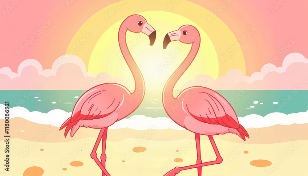 Naklejka premium Playful flamingos dancing at sunset by the beach, love and romance