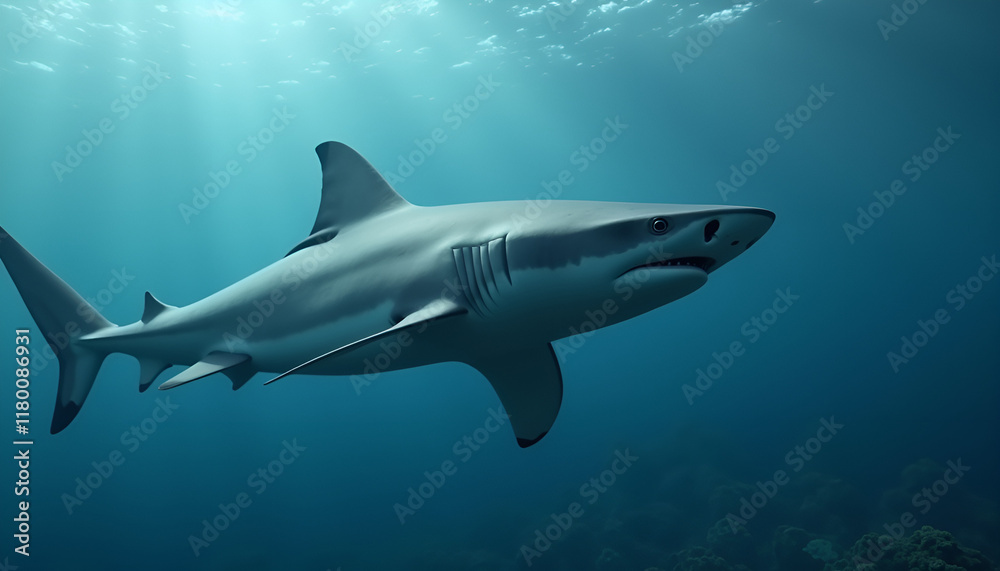 Fototapeta premium Shark swimming gracefully, calm and majestic, in deep ocean background, copy space