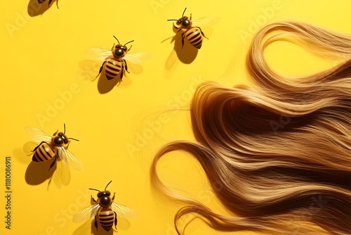 Radiant Spiraling Hair Shapes and Floating Bee Icons on Sunny Yellow Background